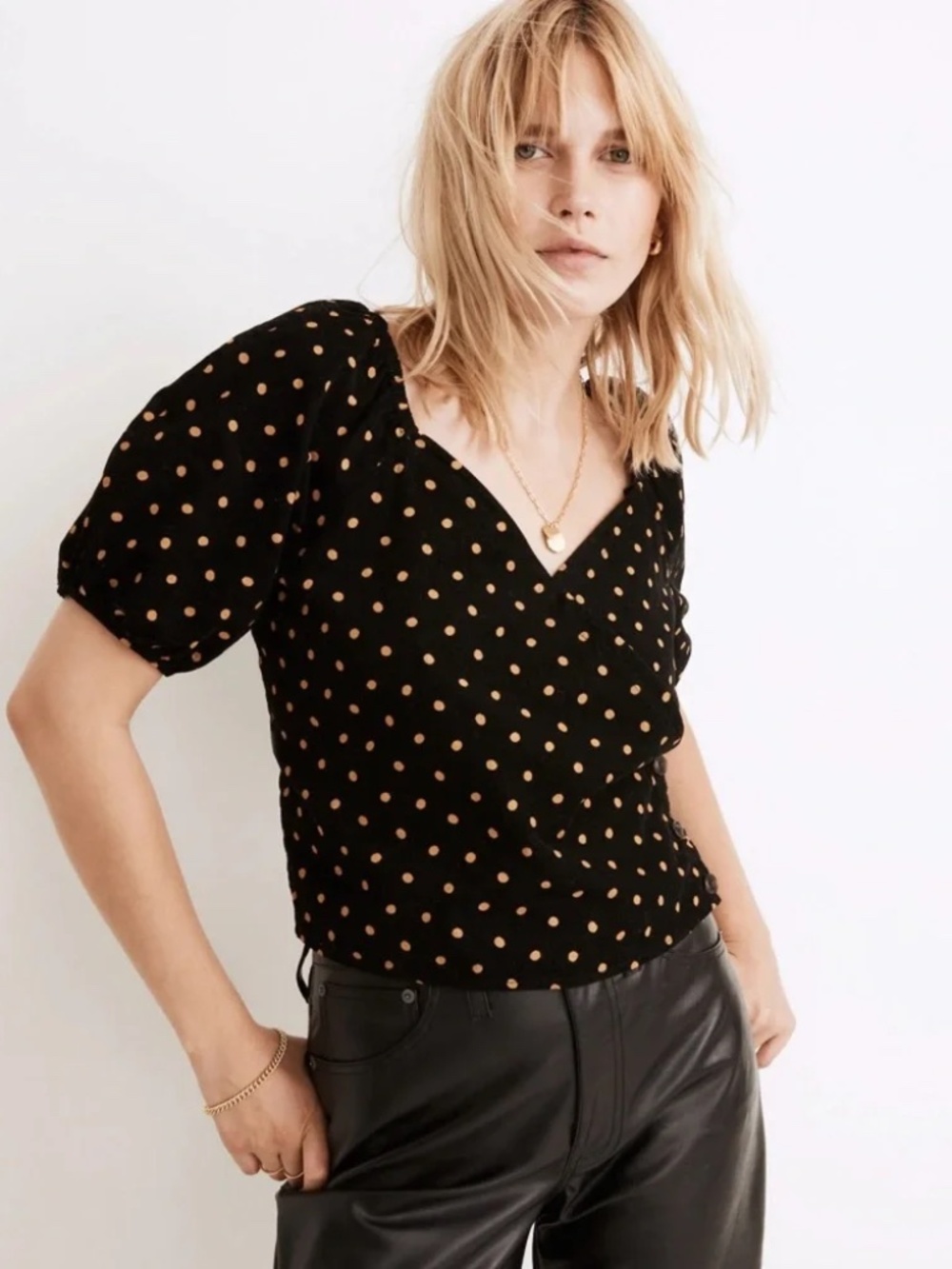 NWT Madewell Polka Dot Corduroy Puff-Sleeve Wrap Top